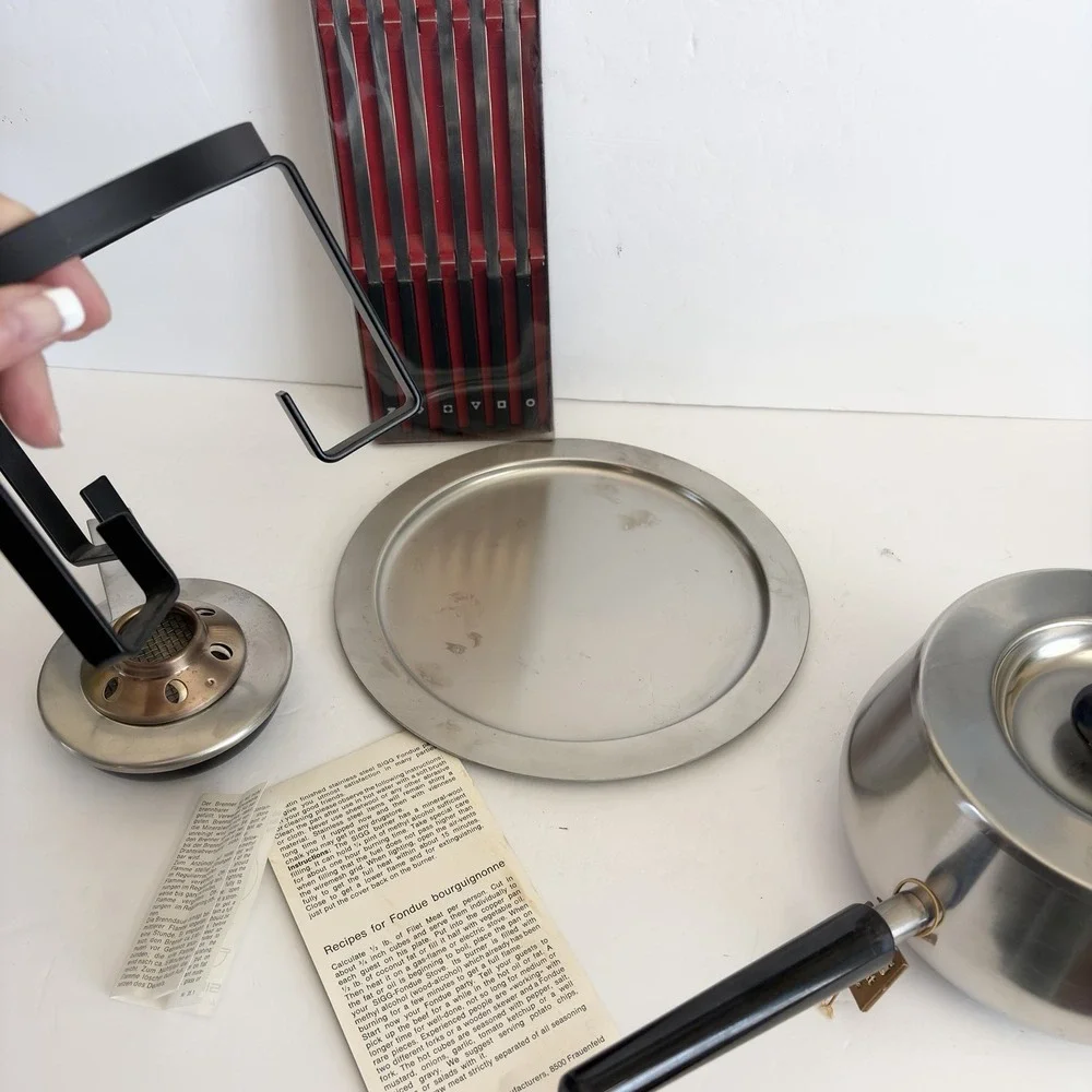 Vtg SIGG Switzerland Fondue Bourguignonne Set Inox 18/8 Complete w/Forks MCM 70s